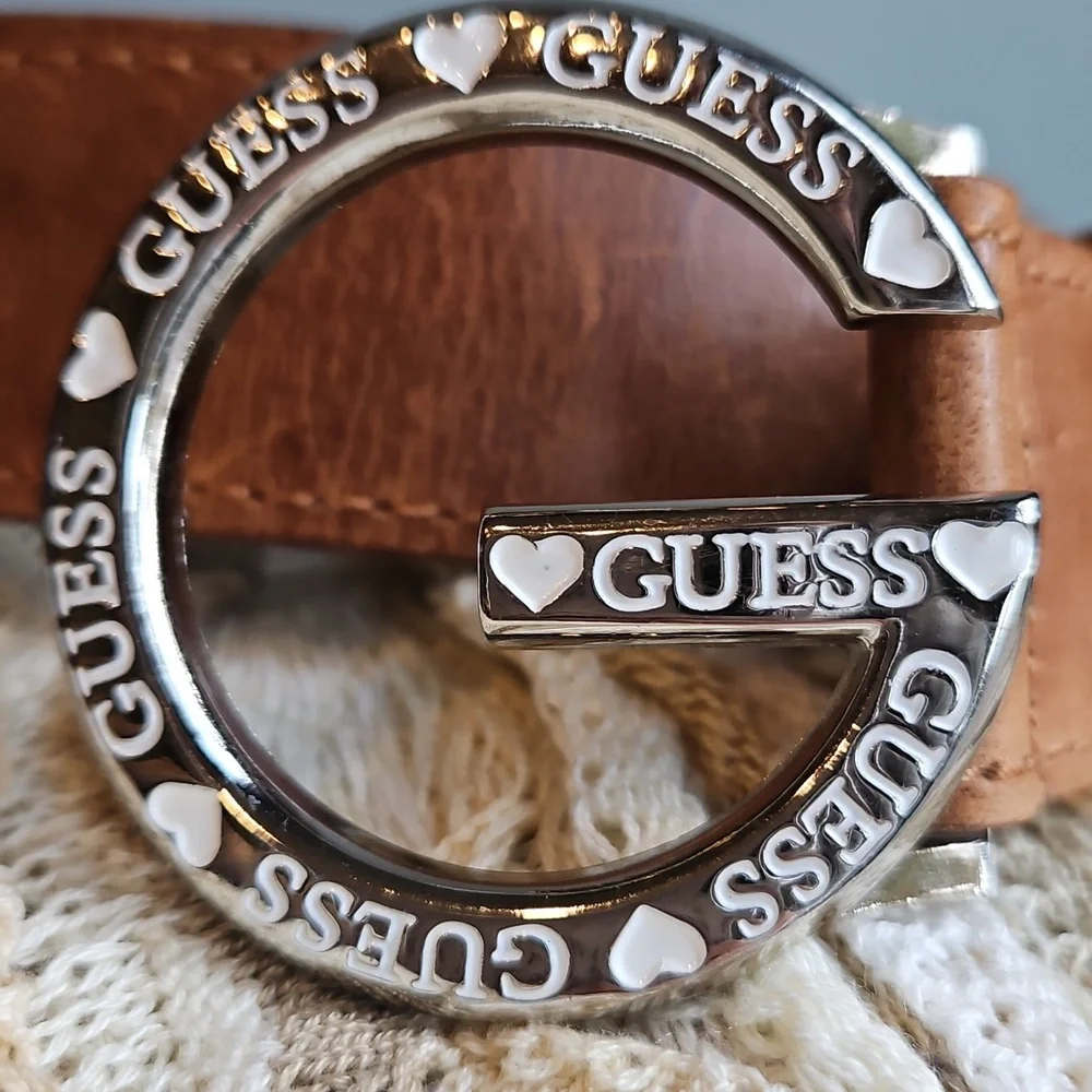 Guess Belt Leather Y2K Silver G Buckle with Hearts Brown Strap Size Sm